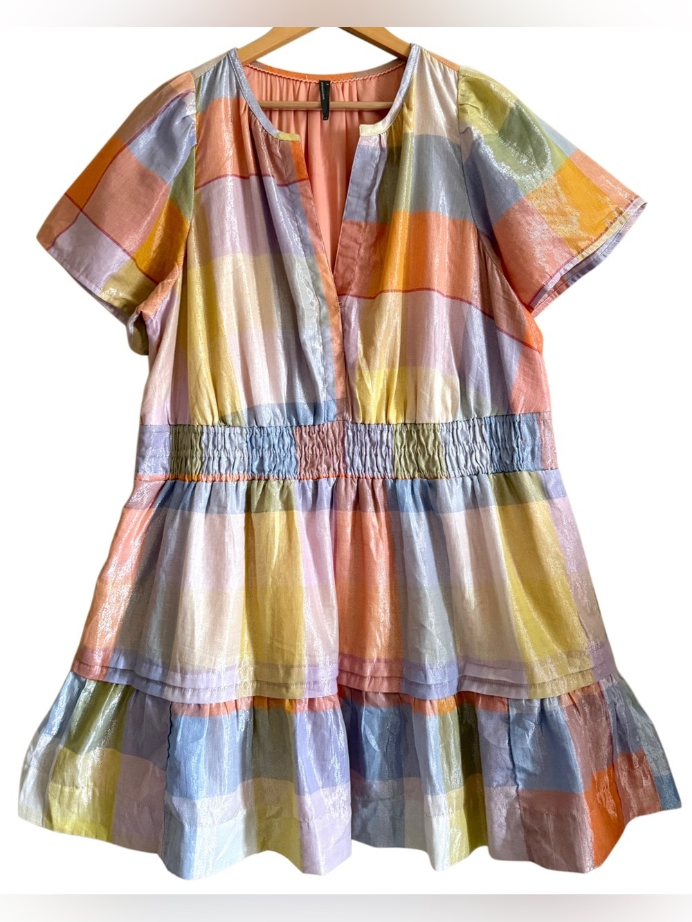 ANTHROPOLOGIE Multicolored Feminine Pastel Plaid Metallic Somerset Mini Dress 2X - Picture 2 of 11
